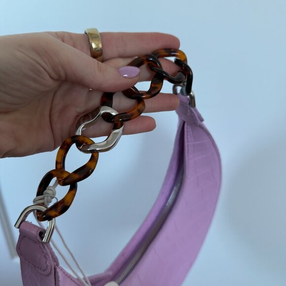 NWT Staud Top Handle Bag In Lilac Croco Embossed Leather Tortoise Shell Chain - Picture 3 of 9